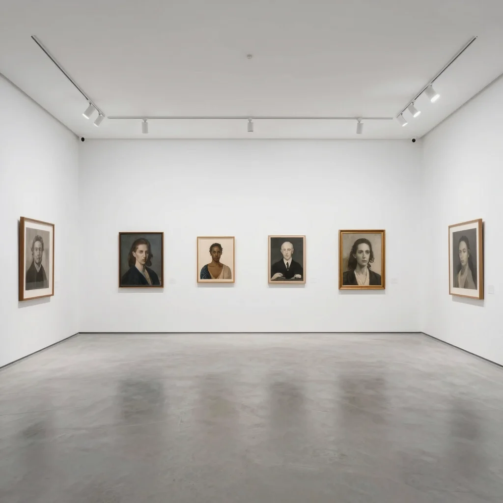 Ambient studio view with artworks arranged, spacious, quiet visual framework, clean white walls.