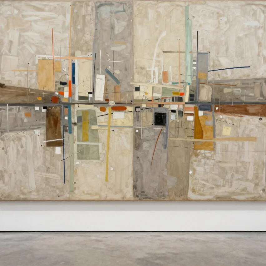 Archival gallery photography of a large-scale abstract painting, full-frame, neutral studio daylight, clean white backgr