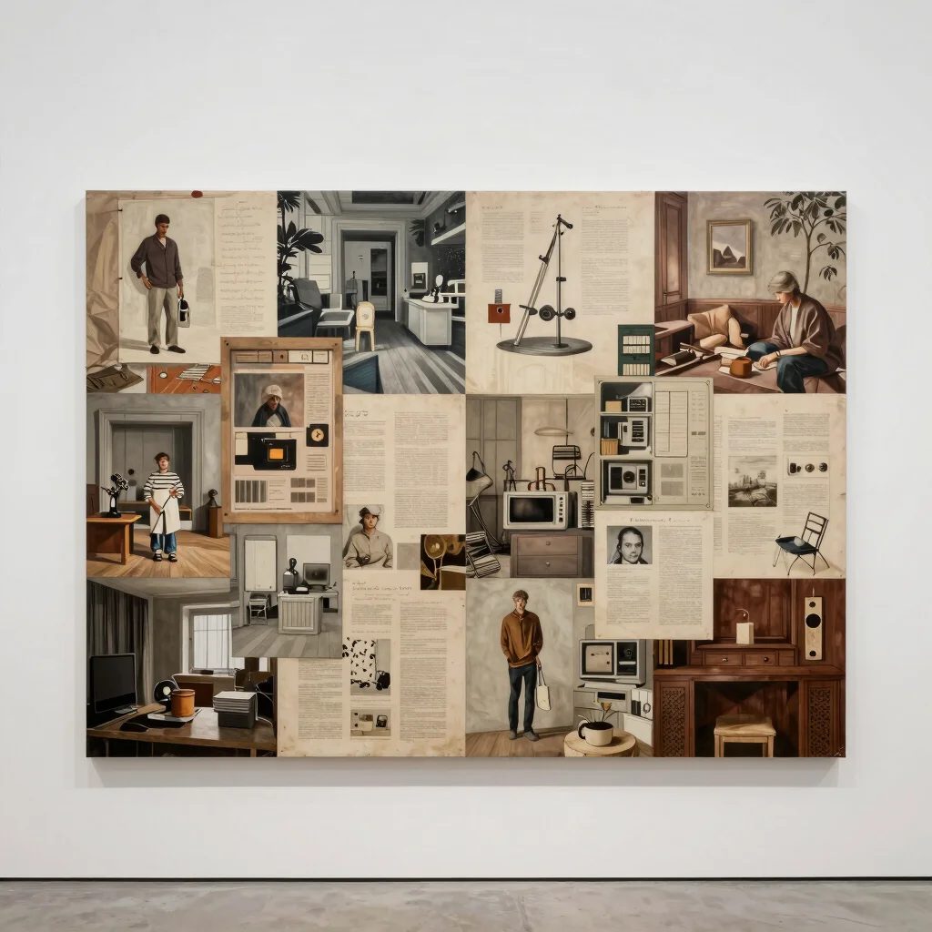 Archival gallery photography of a mixed-media canvas, full-bleed artwork display, neutral studio daylight, clean white b
